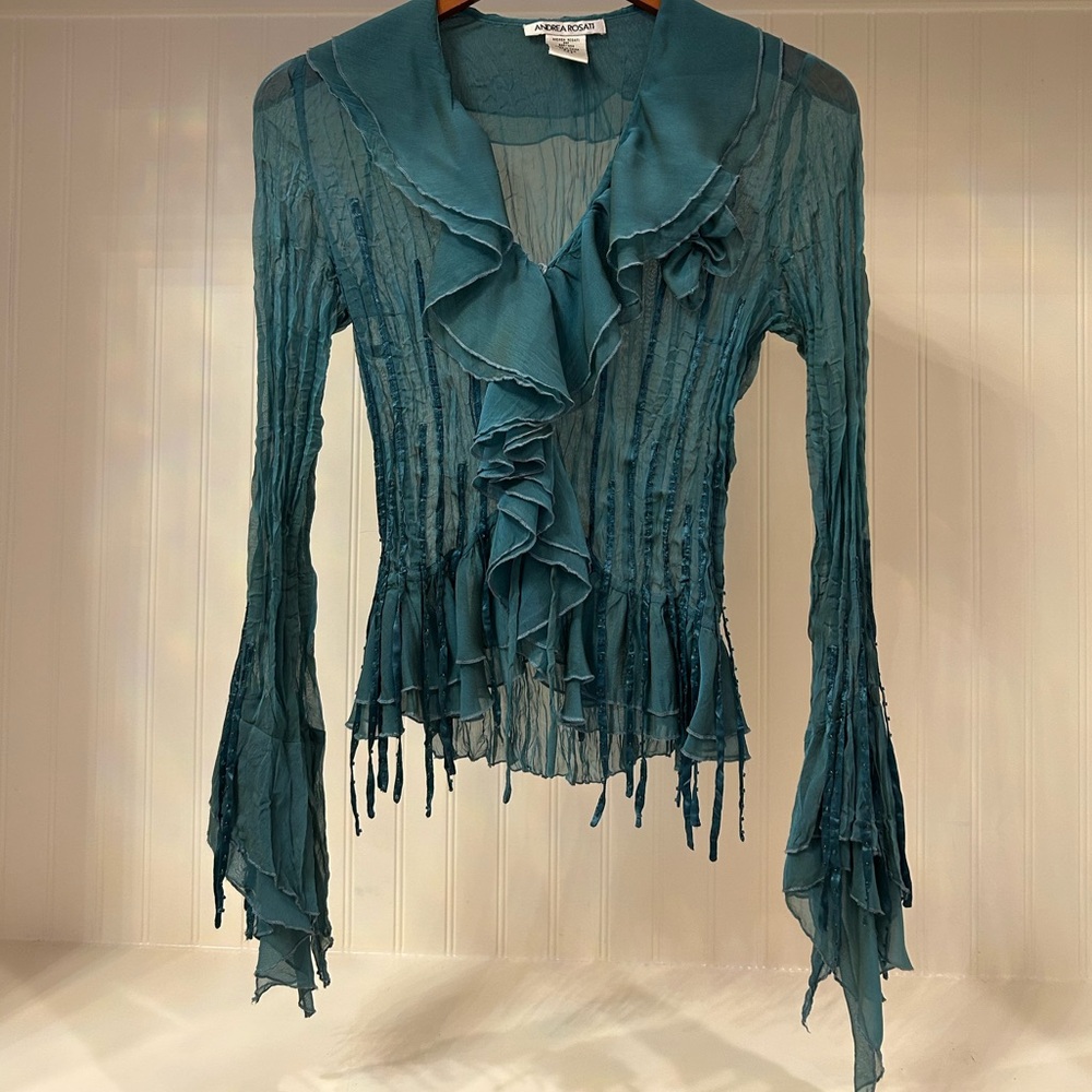Andrea Rosati Blouse – Size Small – Blue-Green Ruffle Front Good Condition
